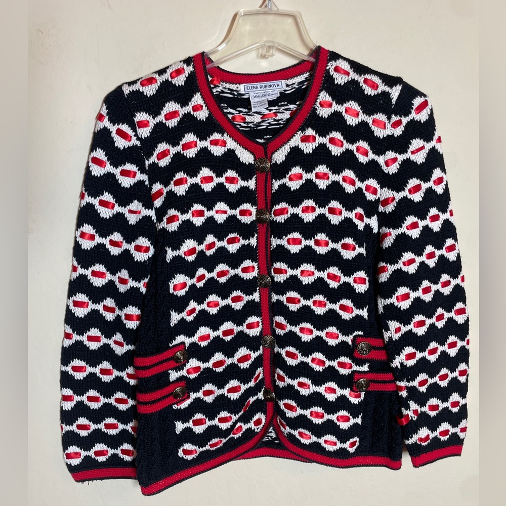 ELENA RUBINOVA Saks Vtg Hand Knit B/W Red Cardigan Sweater Large
